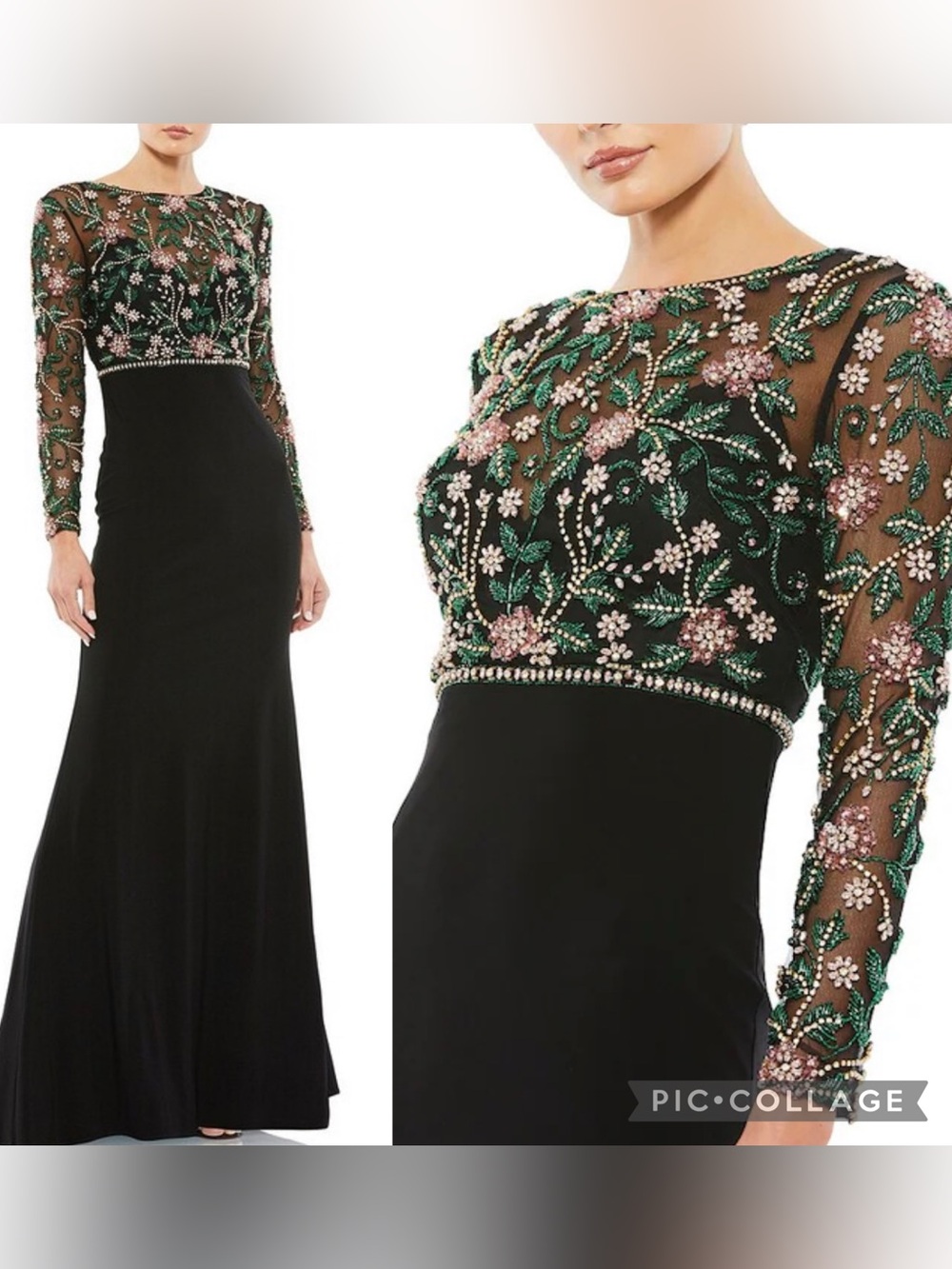 BNWT Mac Duggal Black Evening Gown with Pink and Green Beaded Bodice size 16